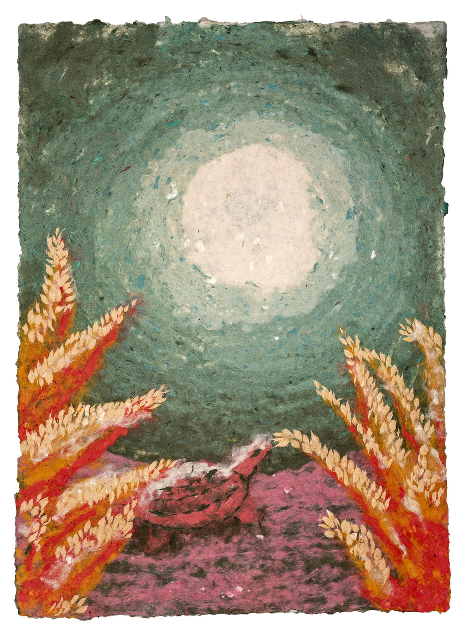 Paper pulp gathers like a landscape before it becomes an image. Mulberry fibers drift in water, pale and luminous, while jute settles heavier, earthbound, and abaca threads stretch between them like quiet veins. Pigment disperses into the pulp, staining it from within rather than resting on the surface. The image is not applied; it is grown.

In this slow suspension, dreams begin to take form. The slurry moves like a tide, pooling and thinning, carrying fragments of color that resemble moss, soil, mist. From within this terrain, figures emerge—not fixed, but forming through density and absence. A body bends as if gathering water. Another climbs, suspended between fibered ridges. A pair of hands reaches outward, their contours suggested by thicker accumulations of pulp. They are not drawn; they are embedded, as though the landscape itself is remembering them.

Fibers intertwine the way roots meet underground—unseen but essential. Each sheet holds the memory of pressure and gravity, of hands lifting and draining, of water receding. The figures seem to act within this environment: walking, carrying, digging, resting. Their gestures echo cycles of labor and care, of survival and tenderness. They are both inhabitants and extensions of the terrain.

Working with pulp is an encounter with nature’s pace. The materials resist control; they swell, contract, shift. Edges fray like horizons at dusk. Surfaces rise and dip, creating a topography that invites touch as much as sight. In this process, the dream world is not an escape from the natural world but an immersion into it—a place where fiber becomes forest, pigment becomes weather, and bodies move through it all—rooted, wandering, dissolving—until figure and field breathe as one.