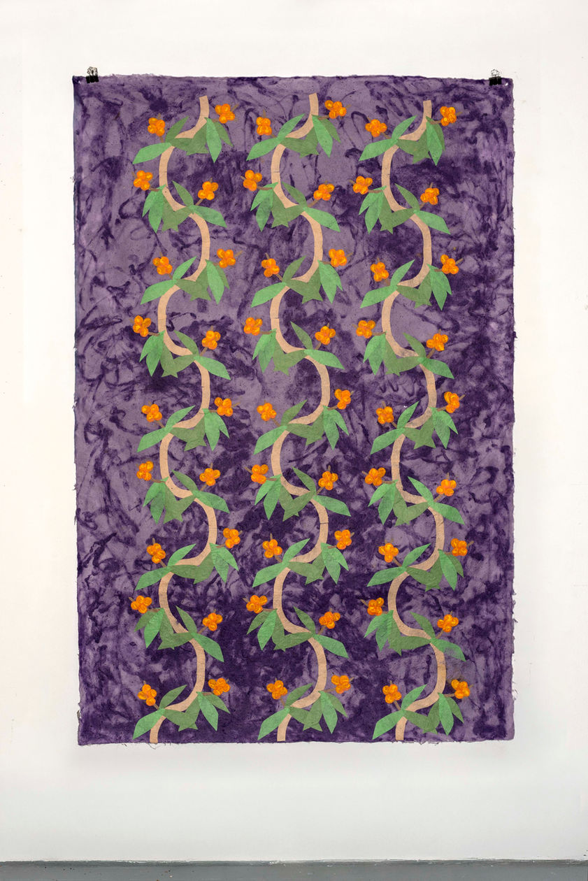 Paper pulp gathers in water like memory before it becomes form. Mulberry fibers drift and tangle, pale and tensile, carrying a quiet strength. Pigment seeps into the mixture, not sitting on the surface but entering the body of the sheet itself. The image is formed from within—like history—embedded rather than illustrated.

As the pulp settles into the mold, landscapes begin to surface. Hints of hills rise through thicker deposits of fiber; lighter washes dissolve into sky. Colors recall sunburned earth, olive leaves, sea light, dust after wind. The material holds the sensation of heat and dryness, of walking barefoot on soil, of shade gathered beneath a tree. Childhood appears not as a fixed narrative but as atmosphere: the echo of voices carried across an open field, the geometry of stone houses, the rhythm of seasons shifting from green to gold.

The fibers intertwine like roots beneath the ground, binding fragments of personal and collective memory. Mulberry becomes both fragile and resilient, much like the act of remembering itself. The surface buckles and rises in subtle relief, suggesting terrain shaped by time—valleys of absence, ridges of presence. Pigment pools in certain areas, staining them more deeply, like moments that refuse to fade.

In these pulp paintings, nature and childhood history are inseparable. The land is not a backdrop but a participant—absorbing stories, holding traces of movement, carrying both tenderness and tension. The sheet becomes a field where past and present coexist, where fiber and soil, memory and landscape, merge into one quiet, breathing surface.