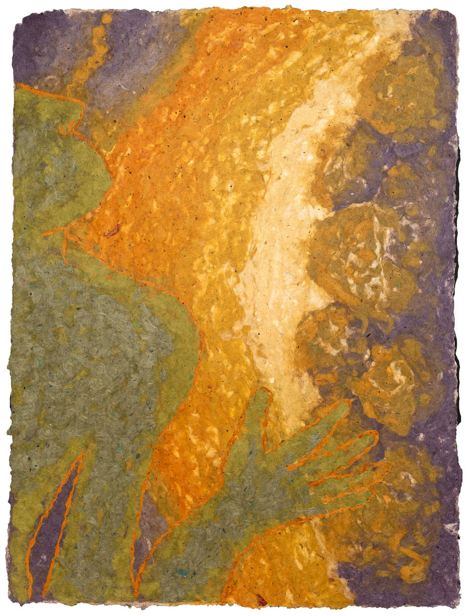 Paper pulp gathers like a landscape before it becomes an image. Mulberry fibers drift in water, pale and luminous, while jute settles heavier, earthbound, and abaca threads stretch between them like quiet veins. Pigment disperses into the pulp, staining it from within rather than resting on the surface. The image is not applied; it is grown.

In this slow suspension, dreams begin to take form. The slurry moves like a tide, pooling and thinning, carrying fragments of color that resemble moss, soil, mist. From within this terrain, figures emerge—not fixed, but forming through density and absence. A body bends as if gathering water. Another climbs, suspended between fibered ridges. A pair of hands reaches outward, their contours suggested by thicker accumulations of pulp. They are not drawn; they are embedded, as though the landscape itself is remembering them.

Fibers intertwine the way roots meet underground—unseen but essential. Each sheet holds the memory of pressure and gravity, of hands lifting and draining, of water receding. The figures seem to act within this environment: walking, carrying, digging, resting. Their gestures echo cycles of labor and care, of survival and tenderness. They are both inhabitants and extensions of the terrain.

Working with pulp is an encounter with nature’s pace. The materials resist control; they swell, contract, shift. Edges fray like horizons at dusk. Surfaces rise and dip, creating a topography that invites touch as much as sight. In this process, the dream world is not an escape from the natural world but an immersion into it—a place where fiber becomes forest, pigment becomes weather, and bodies move through it all—rooted, wandering, dissolving—until figure and field breathe as one.