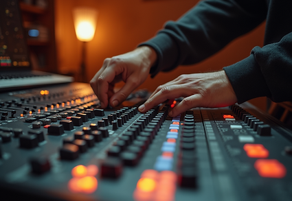 close-up-of-a-sound-engineer-adjusting-knobs-on-a-professional-mixing-console-with-warm-to