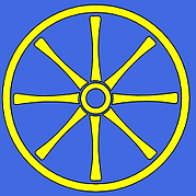 A yellow cartwheel on a blue background 