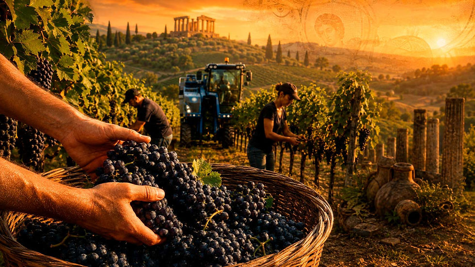 Mãos depositando cachos de uvas em um grande cesto durante a vendemmia, com trabalhadores e maquinário entre os vinhedos ao fundo. A composição conecta a colheita atual à antiga tradição vitivinícola italiana, evocada por ruínas e referências visuais à Roma Antiga.