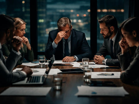 Sala de reuniões corporativa à noite, equipe executiva sentada ao redor de uma mesa com laptops e documentos, enquanto o líder ao centro demonstra tensão e cansaço ao apoiar a mão na testa, sob iluminação baixa e com luzes da cidade ao fundo.