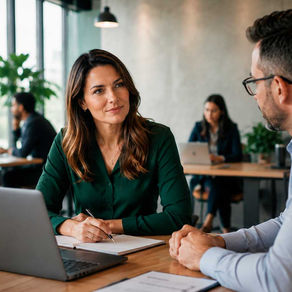 Profissionais em ambiente corporativo conversam sobre gestão, organização do trabalho e riscos psicossociais, tema central da atualização da NR-01.