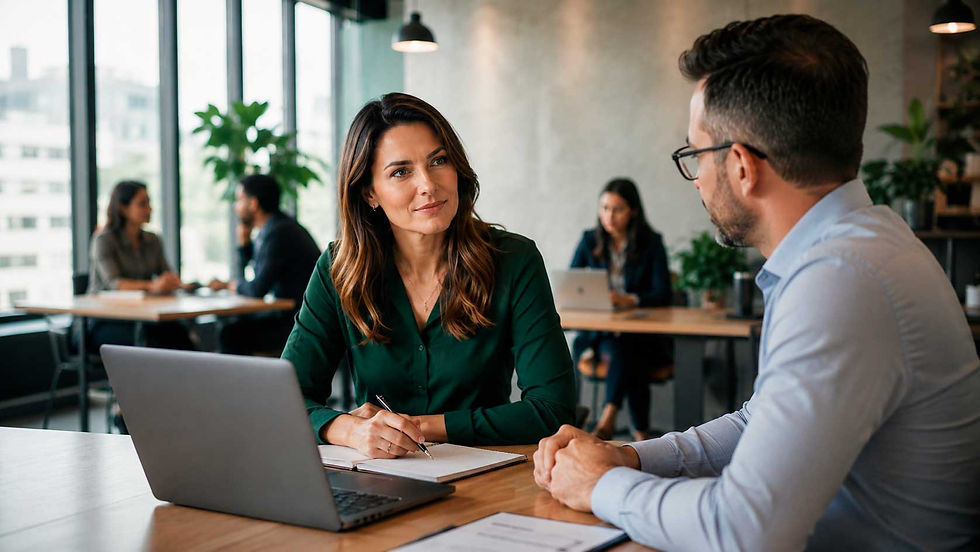 Profissionais em ambiente corporativo conversam sobre gestão, organização do trabalho e riscos psicossociais, tema central da atualização da NR-01.`