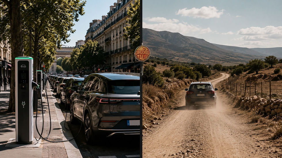 Montagem dividida entre uma avenida europeia com carros elétricos e pontos de recarga e uma estrada rural de terra com um carro a combustão, destacando as diferenças de infraestrutura, com o logo GIRO500 discretamente posicionado ao centro.