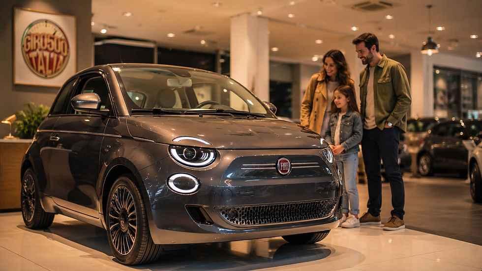 Fiat 500 híbrido cinza em destaque dentro de uma concessionária moderna, enquanto uma família observa o veículo ao fundo, sob iluminação quente, com o logo GIRO500 emoldurado discretamente na parede.