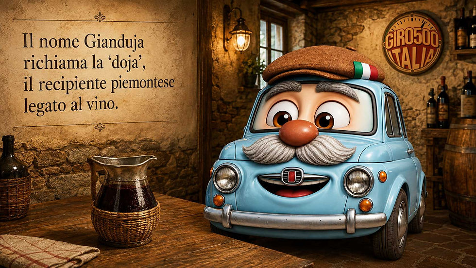 Nonno Cinquino em uma confeitaria histórica de Torino, olhando com expressão encantada para uma bandeja de gianduiotti sobre o balcão, com uma máscara de Carnaval, um chapéu tricórnio e um boccale de vinho ao fundo, ao lado de uma frase em italiano sobre a ligação entre esses elementos na cultura piemontesa.
