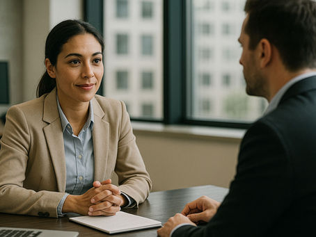 Psicóloga organizacional em conversa empática com um colega de trabalho em um escritório moderno e iluminado por luz natural. Ela está sorrindo levemente, com as mãos unidas sobre a mesa, transmitindo calma, atenção e equilíbrio emocional. A cena simboliza escuta ativa e inteligência emocional no ambiente corporativo.