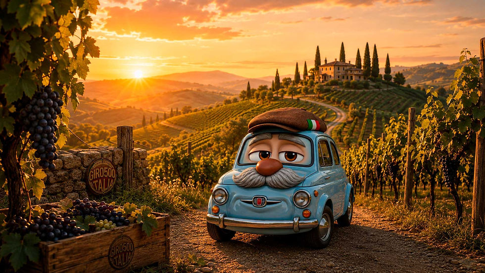 Nonno Cinquino em uma estrada entre vinhedos italianos durante o pôr do sol, cercado por cachos de uva e caixas da colheita, com colinas, uma casa rural e fileiras de videiras ao fundo, em uma cena que representa a tradição da vendemmia na Itália.