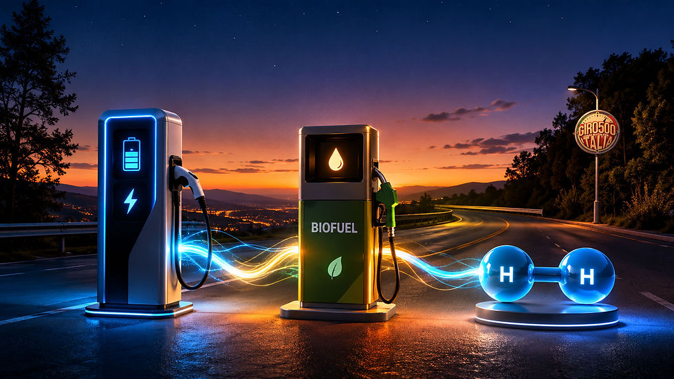 Estação de recarga elétrica, bomba de biocombustível e símbolo do hidrogênio conectados por linhas luminosas em uma estrada ao entardecer, com o logo GIRO500 discretamente instalado em um poste ao fundo.