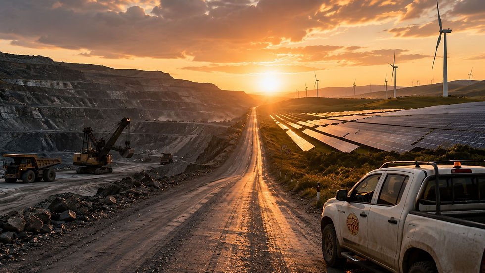 Mina a céu aberto com máquinas pesadas de um lado e campo de painéis solares e turbinas eólicas do outro, separados por uma estrada ao pôr do sol, com veículo de apoio exibindo discretamente o logo GIRO500.