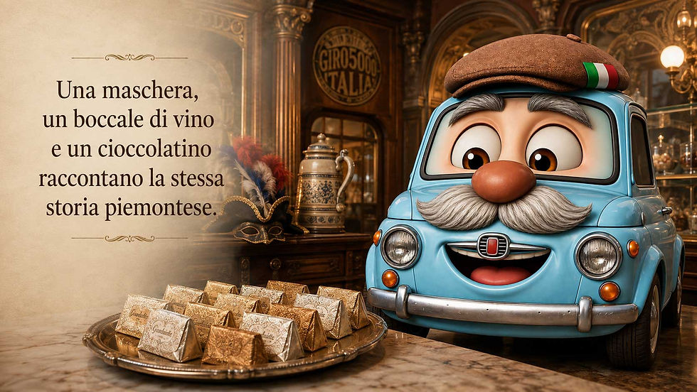 Nonno Cinquino observa uma bandeja de gianduiotti em uma confeitaria histórica de Torino, ao lado de uma máscara de Carnaval, um chapéu tricórnio e um boccale de vinho, elementos ligados à origem piemontesa do chocolate gianduia.