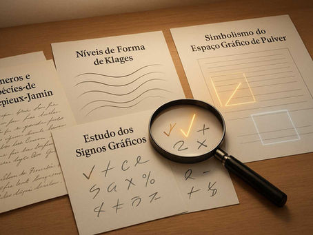 Quatro folhas de papel dispostas sobre uma mesa de madeira clara representam conceitos da grafologia. À esquerda, manuscritos exibem diferentes estilos de escrita sob o título “Gêneros e Espécies de Crépieux-Jamin”. No centro, curvas progressivas ilustram “Níveis de Forma de Klages”. À direita, o título “Simbolismo do Espaço Gráfico de Pulver” aparece acima de um esquema com linhas e formas geométricas brilhantes. Em primeiro plano, uma lupa amplia sinais manuscritos sob o título “Estudo dos Signos Gráficos”, destacando alguns traços iluminados em tons quentes e outros em tons frios. A iluminação é suave e cria atmosfera acadêmica.