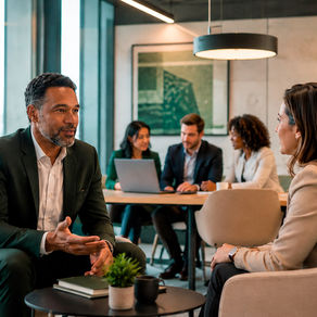 Profissionais em ambiente corporativo moderno conversam sobre desenvolvimento de carreira, com equipe diversa ao fundo em contexto de colaboração e liderança.