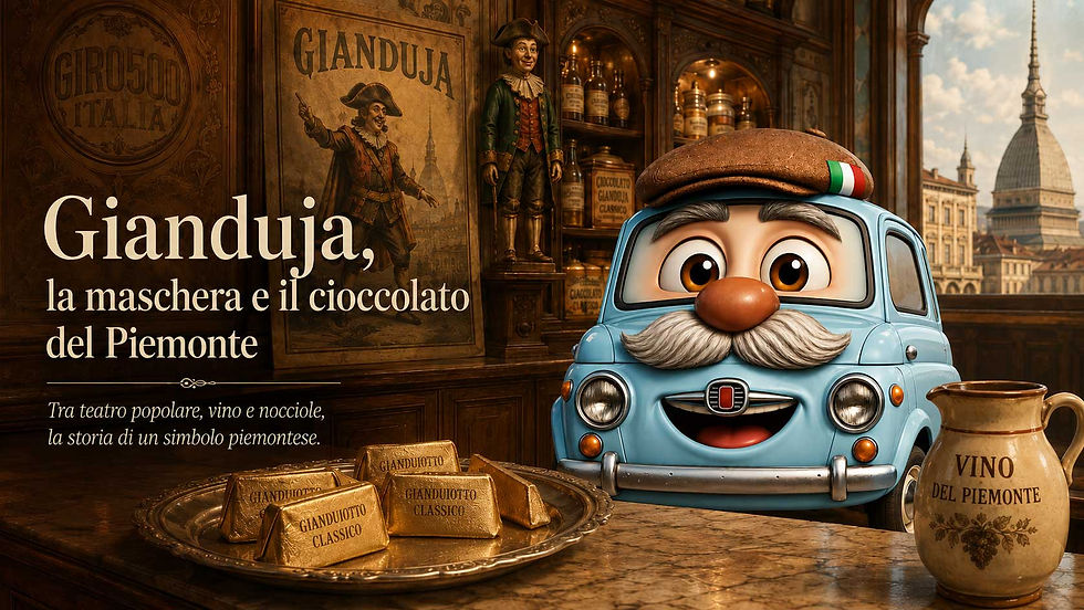 Nonno Cinquino em uma confeitaria histórica de Torino, ao lado de uma bandeja de gianduiotti, um recipiente de vinho piemontês e representações tradicionais de Gianduja, com a Mole Antonelliana ao fundo e o título do artigo em italiano.