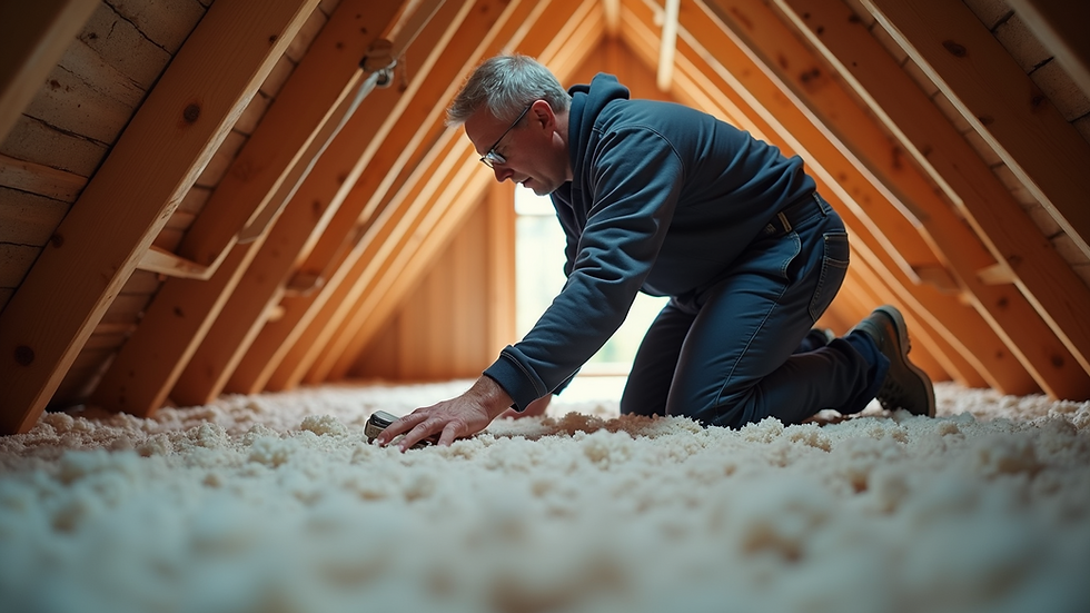 Eye-level view of a home inspector checking insulation in an attic