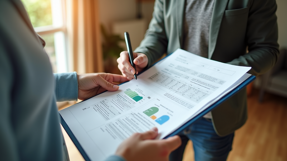 High angle view of a homeowner reviewing energy bills and notes before an audit