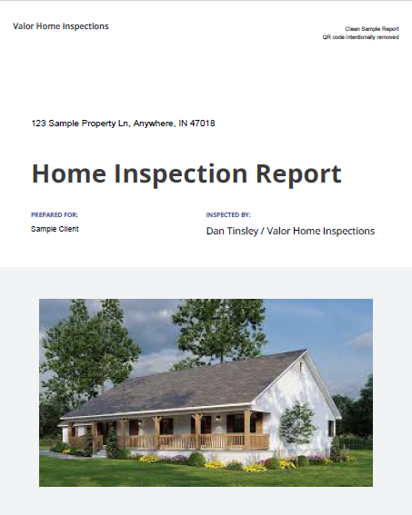Sample home inspection report cover page for Valor Home Inspections showing a residential house image and sample property information.