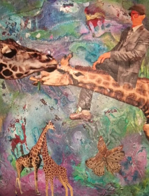 Diane Greene's mixed media art using techniques of paper transfer image of giraff with a man on top, multi-colored on canvas - Creative