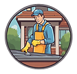 create a CIRCLE icon of a person cleaning gutters .png