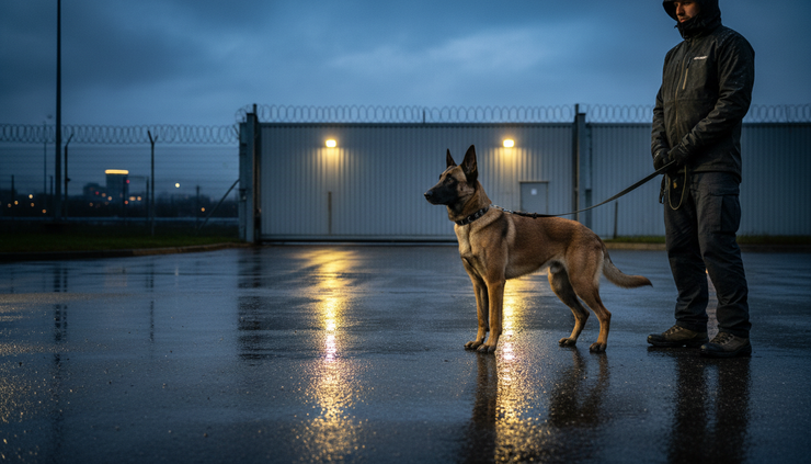 Eye-level view of a trained patrol dog standing alert near a closed warehouse gate at night
