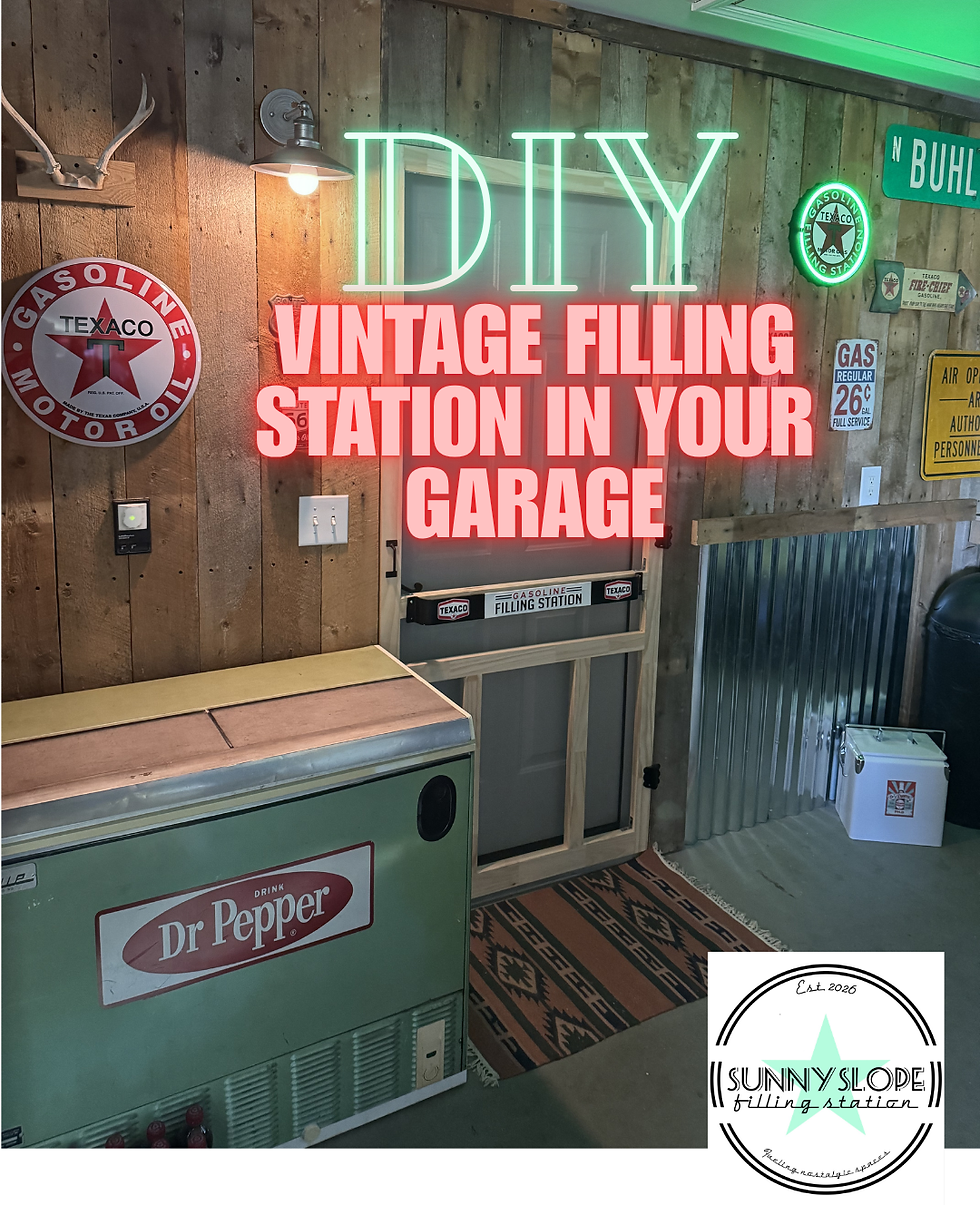 Vintage garage with DIY signs, Texaco decor, Dr Pepper cooler, and rustic wood walls.