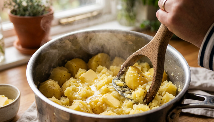 Close-up of yellow potatoes being mashed with butter in a large pot