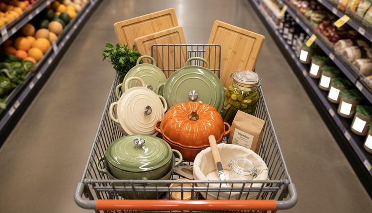 Overhead view of a shopping cart filled with fall cookware and kitchen gifts.