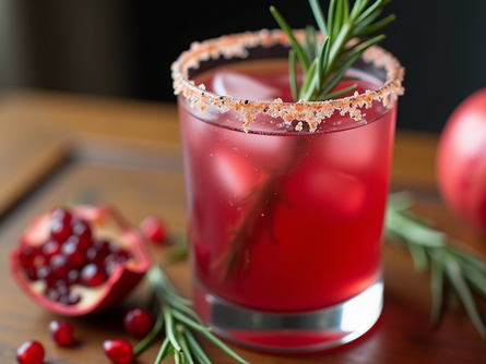 a cocktail with rosemary and pieces of pomegranate.