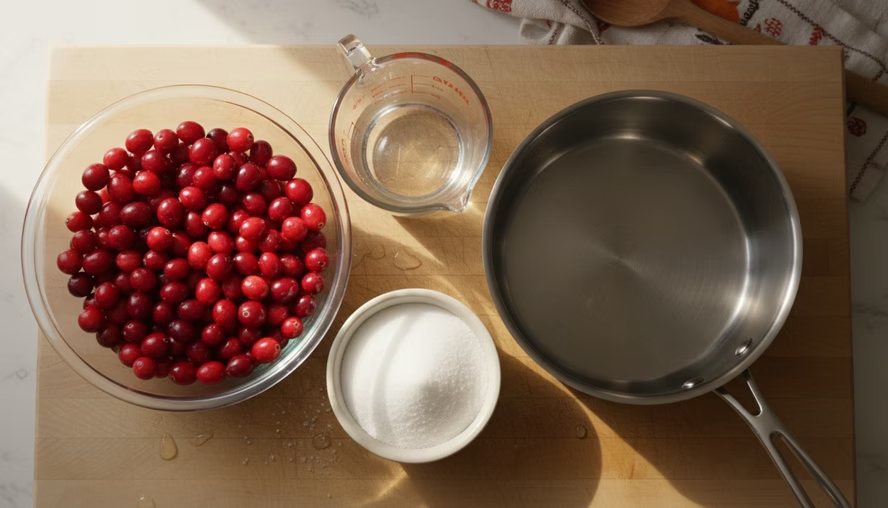 Top-down view of cranberries, sugar, water, and a saucepan on a cutting board in warm sunlight.