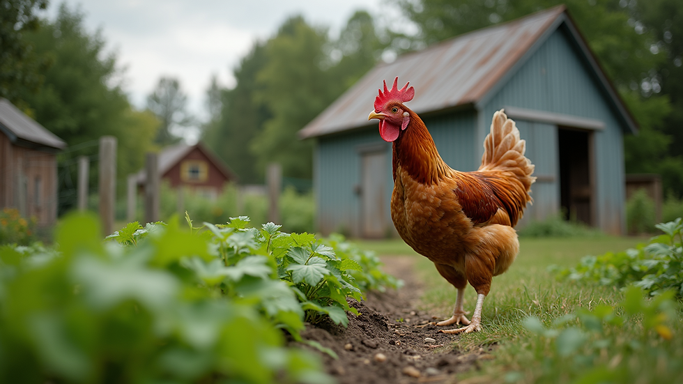 Eye-level view of a small farm homestead with a vegetable garden and chicken coop