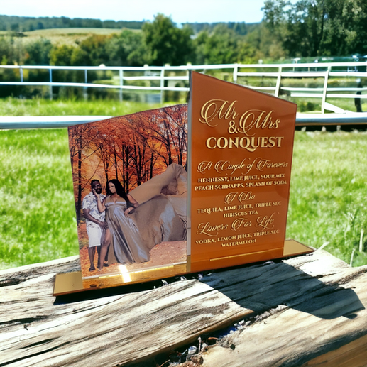 Custom Acrylic Bar Menu with Photo created for a wedding