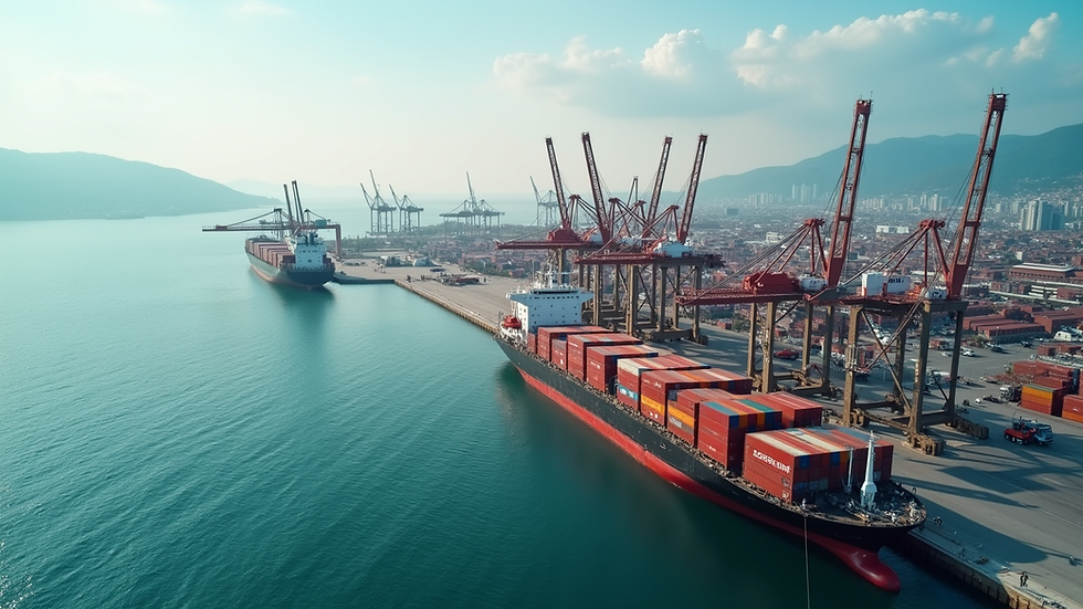 High angle view of a modern Turkish port with container cranes and ships