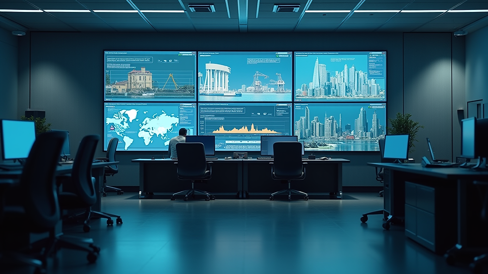 Eye-level view of a logistics control room with multiple screens showing shipment tracking