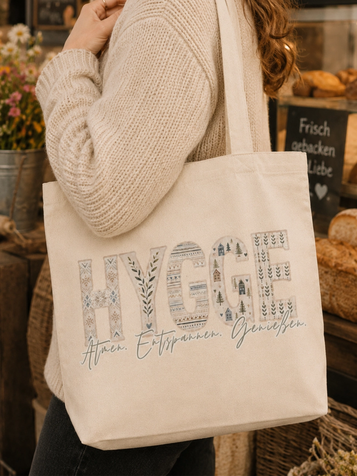Naturfarbene Hygge Canvas Tasche mit skandinavischem HYGGE Motiv und Schriftzug