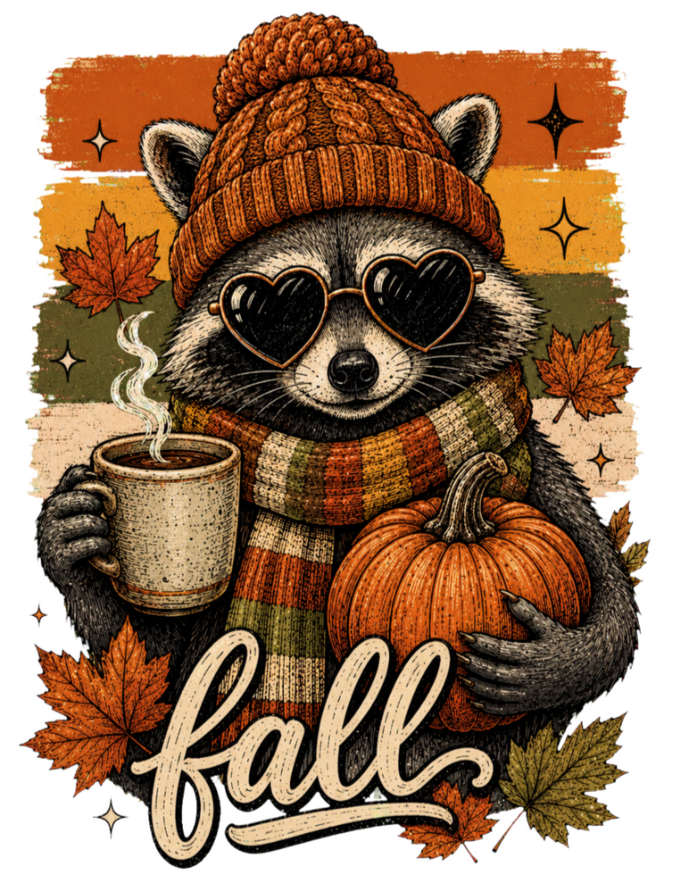 Fall Raccoon Herbstmotiv mit Waschbär, Kürbis und Herbstlaub