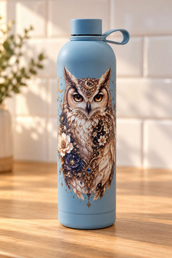 Produktfoto: „Floral Owl Trinkflasche 1L aus Edelstahl mit Eulen- und Blumenmotiv“