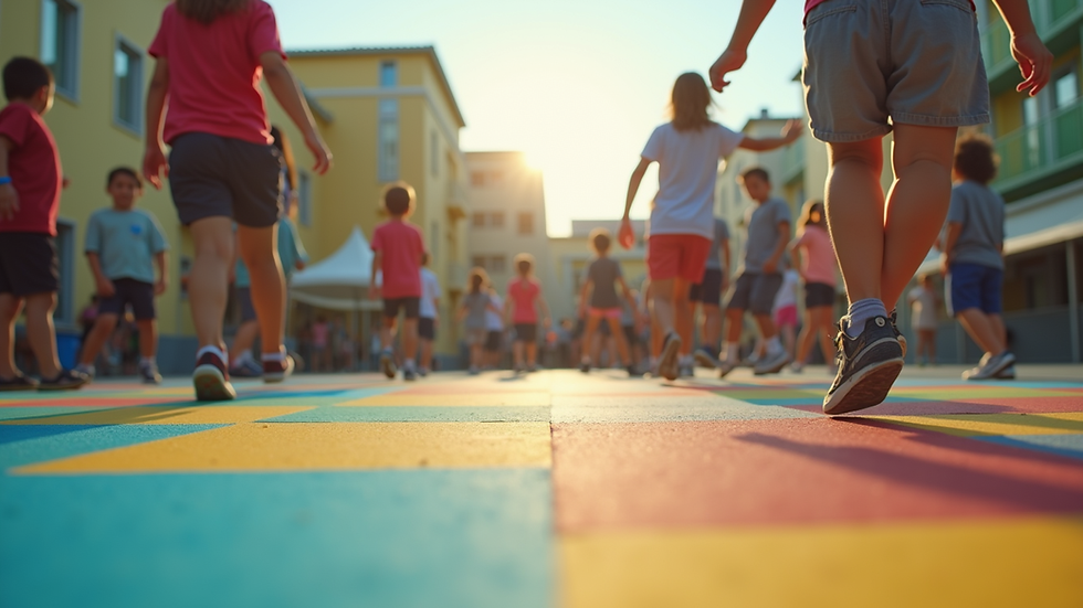 Eye-level view of a vibrant school playground filled with children playing