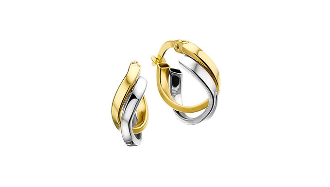 Bicolor Gouden Oorringen 15 mm met vlakke buis