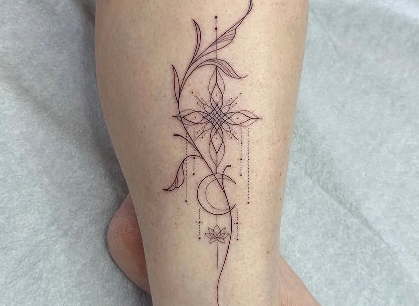 Fine line filigree ankle tattoo with delicate single needle and 3 needle linework, by Shelter Tattoo Houston