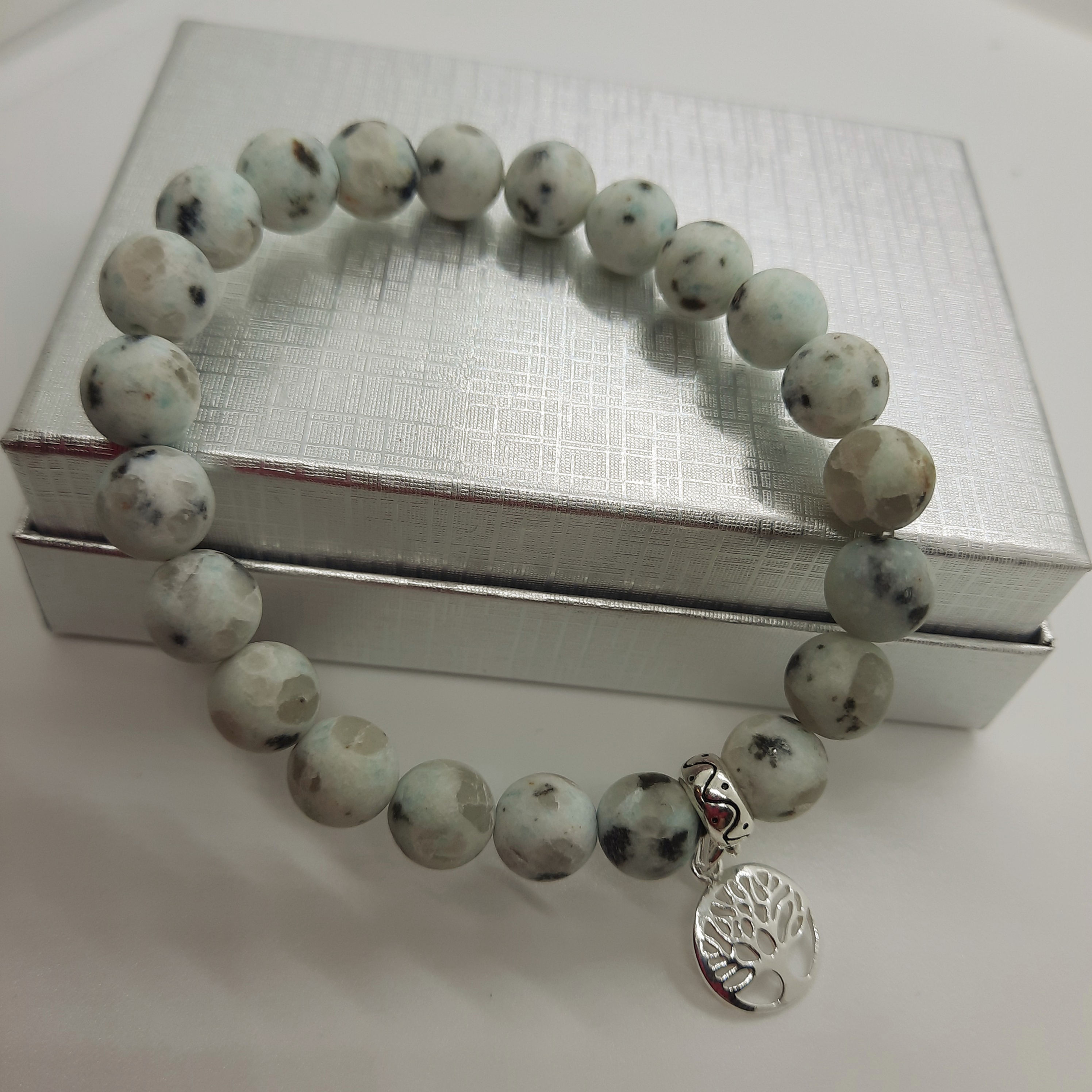Sesam jasper  stretch beaded bracelet  with sterling silver tree of life charm .