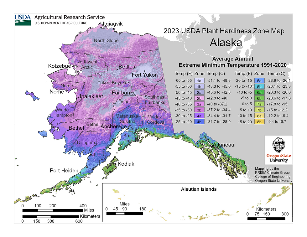 USDA Hardiness Zone map of Alaska highlighting Zones 1-7, showing the state’s climate variation from the frigid northern regions to the milder southern coastal areas.