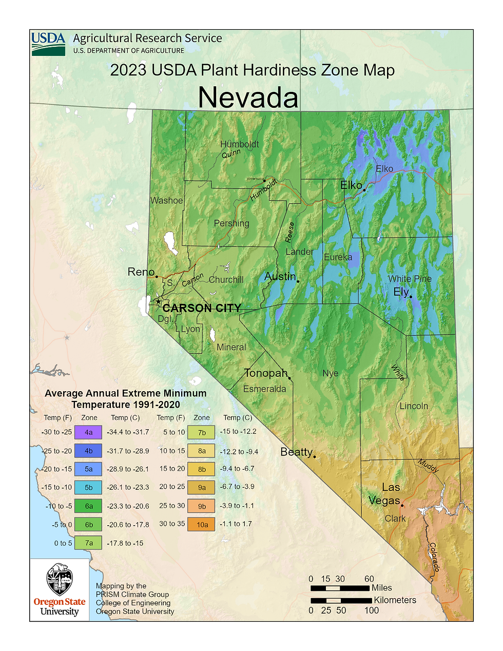 Nevada’s climate varies widely, with cold winters and hot, dry summers.