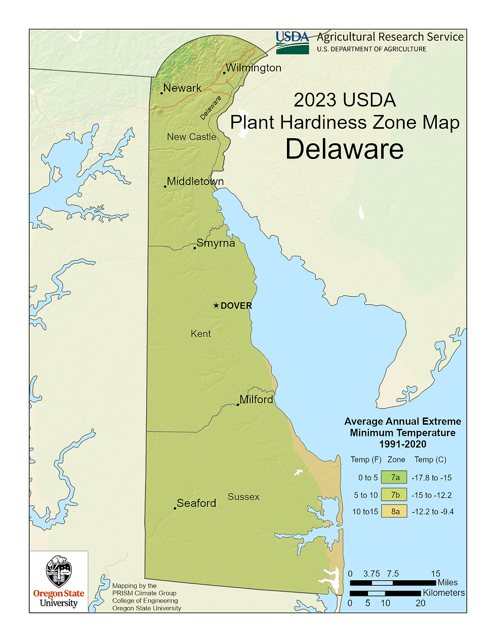 USDA Hardiness Zone map of Delaware highlighting Zones 7-8, showing the state's climate variation from the cooler northern areas to the milder coastal regions.