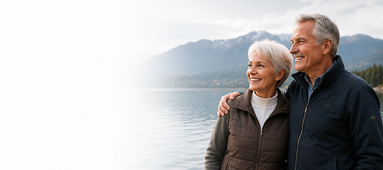 Happy senior couple enjoying a lake view together