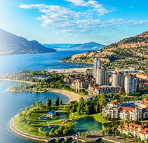 Aerial view of Kelowna waterfront and Okanagan Lake