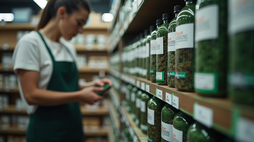 A dispensary employee carefully examines products.
