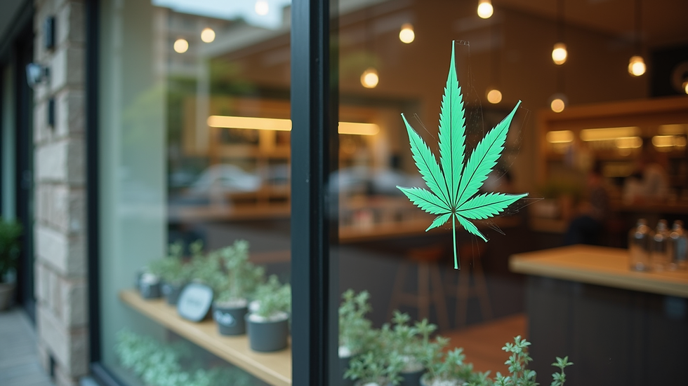 Close-up view of a cannabis dispensary storefront with clear signage