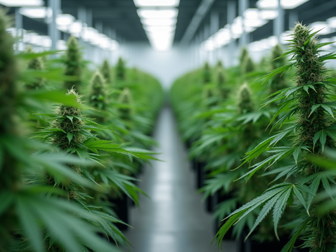 Eye-level view of a cannabis cultivation facility with organized rows of plants